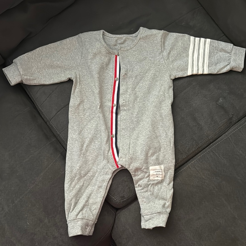 Thom Browne Gray Kids Footie with Red and White Stripes *Inspired*